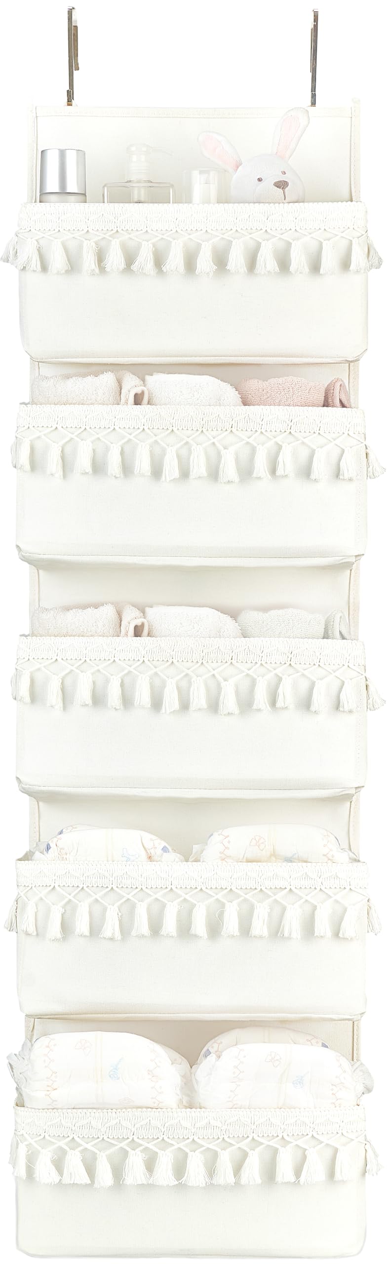 Dahey Over The Door Organizer Boho Nursery Storage Decor Closet Hanging Organizer with Tassels Decoration for Bedroom Nursery Bathroom Apartments Dorm Pantry  5 Pockets  White - Image 1